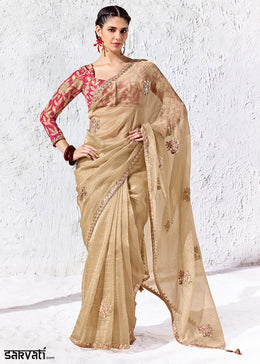 Beige Brown Designer Organza Saree with Shimmering Sequin Detailing