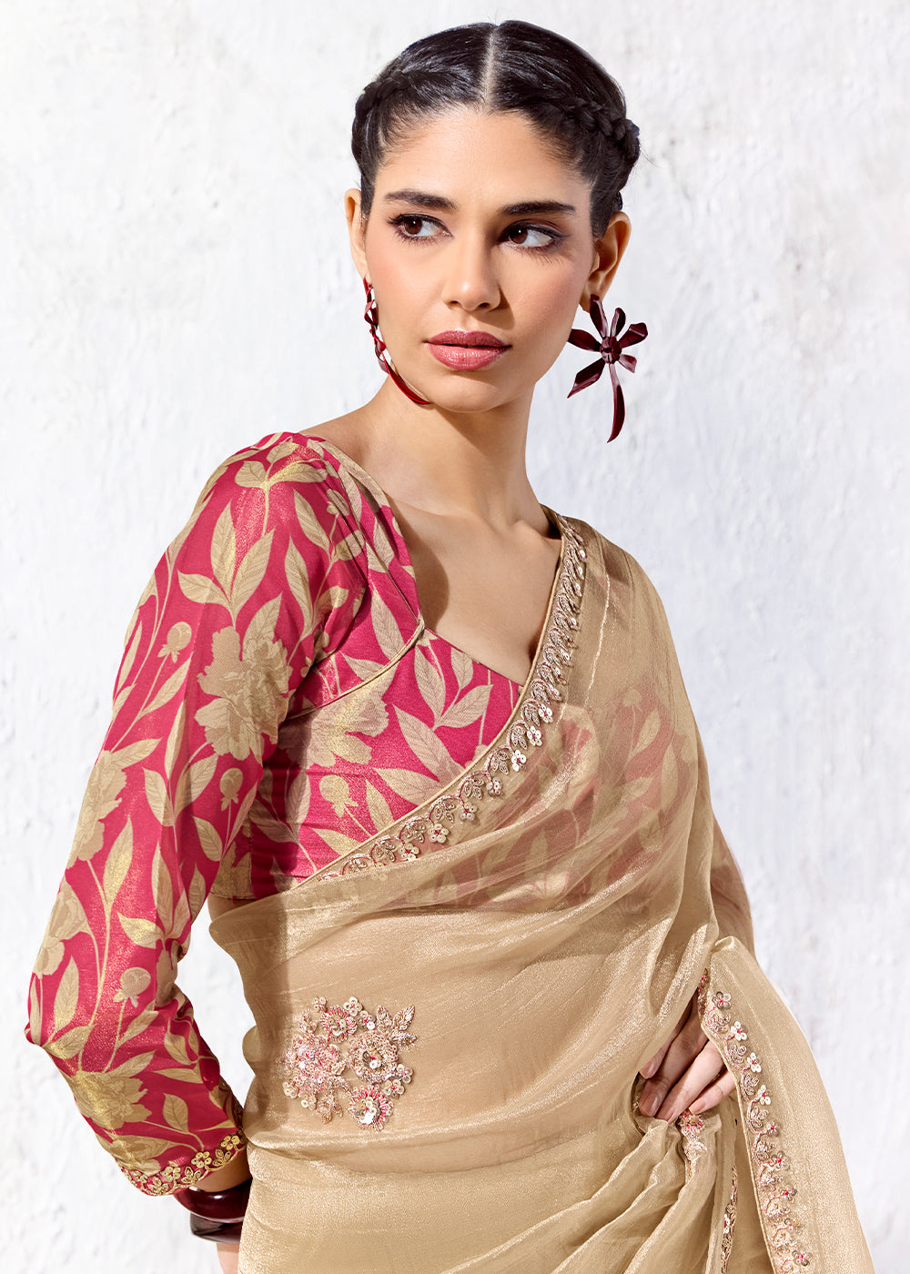 Beige Brown Designer Organza Saree with Shimmering Sequin Detailing