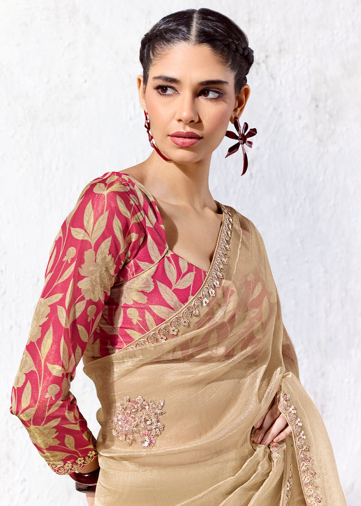 Beige Brown Designer Organza Saree with Shimmering Sequin Detailing