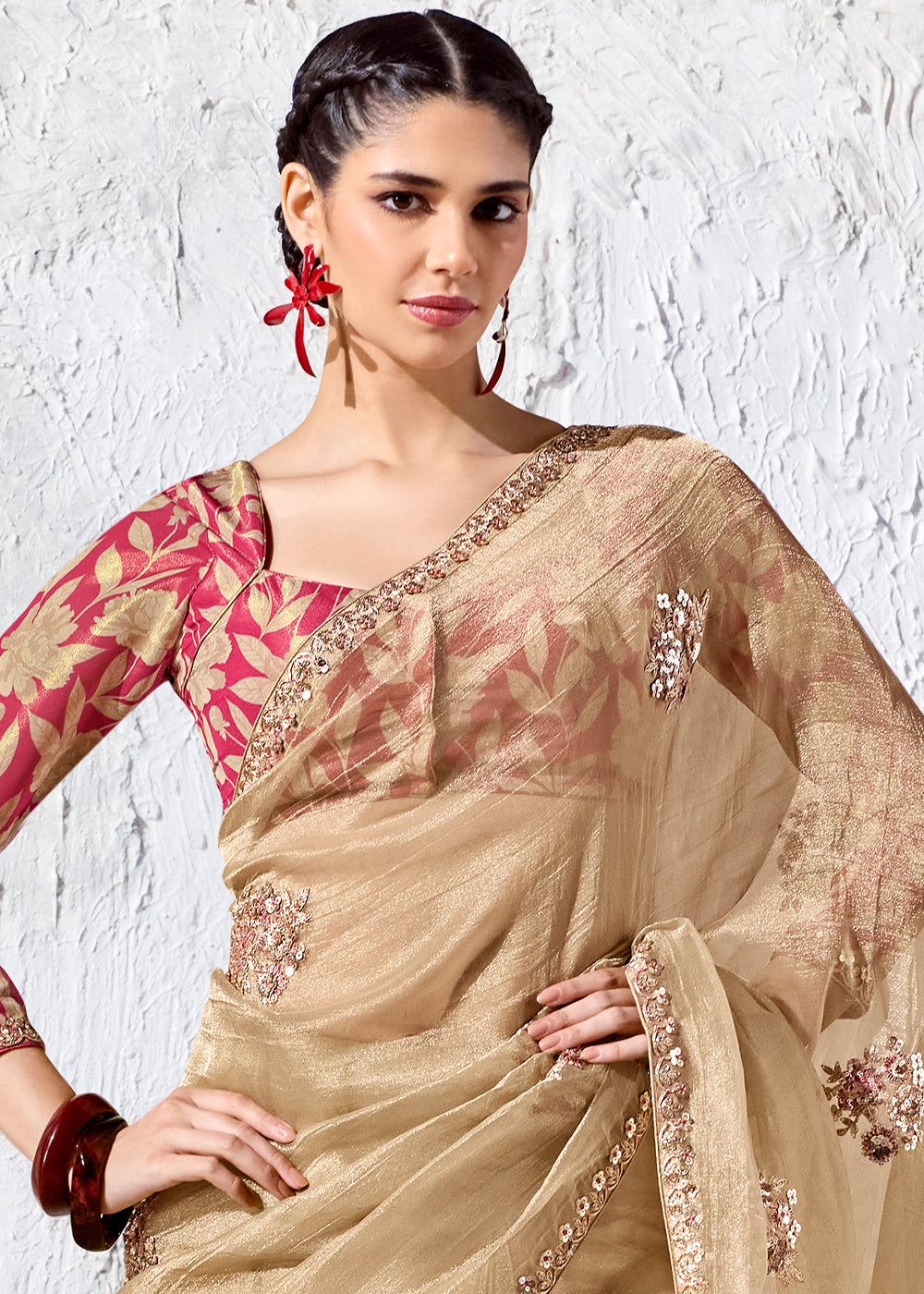 Beige Brown Designer Organza Saree with Shimmering Sequin Detailing