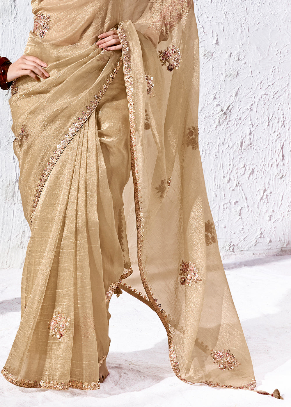 Beige Brown Designer Organza Saree with Shimmering Sequin Detailing