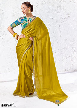 Mustard Yellow Designer Organza Saree with Shimmering Sequin Detailing