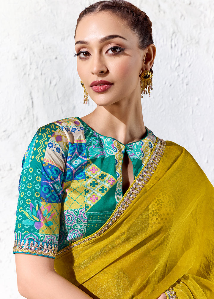 Mustard Yellow Designer Organza Saree with Shimmering Sequin Detailing