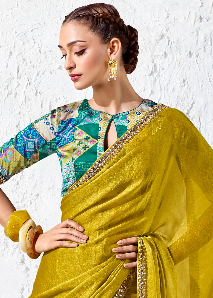 Mustard Yellow Designer Organza Saree with Shimmering Sequin Detailing