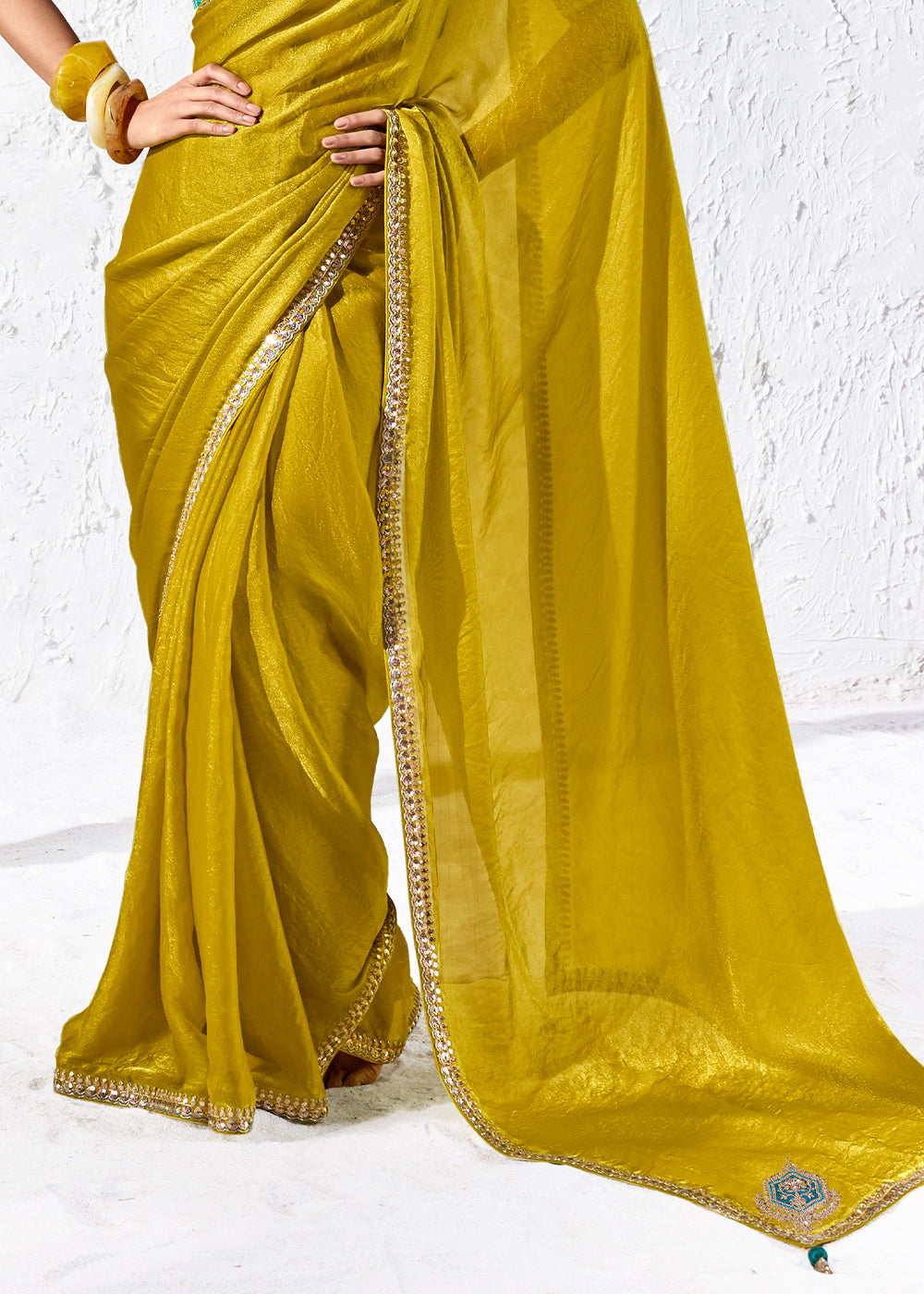Mustard Yellow Designer Organza Saree with Shimmering Sequin Detailing