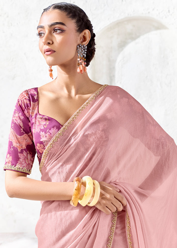 Millenial Pink Designer Organza Saree with Shimmering Sequin Detailing