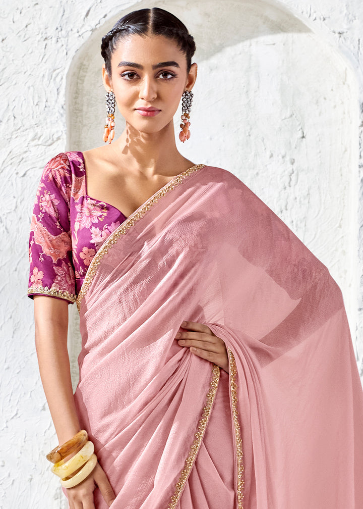 Millenial Pink Designer Organza Saree with Shimmering Sequin Detailing