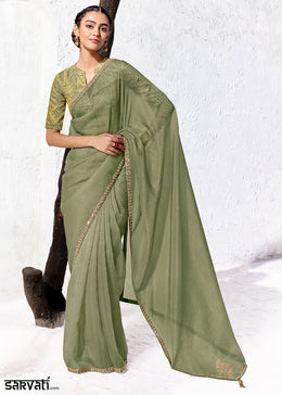 Basil Green Designer Organza Saree with Shimmering Sequin Detailing