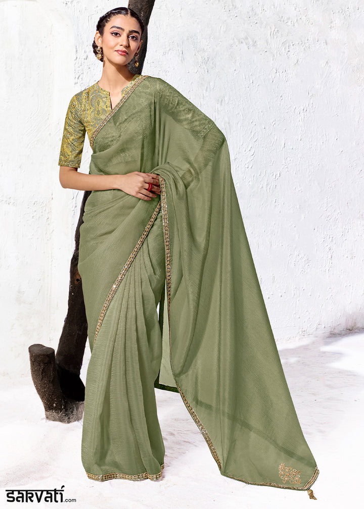 Basil Green Designer Organza Saree with Shimmering Sequin Detailing