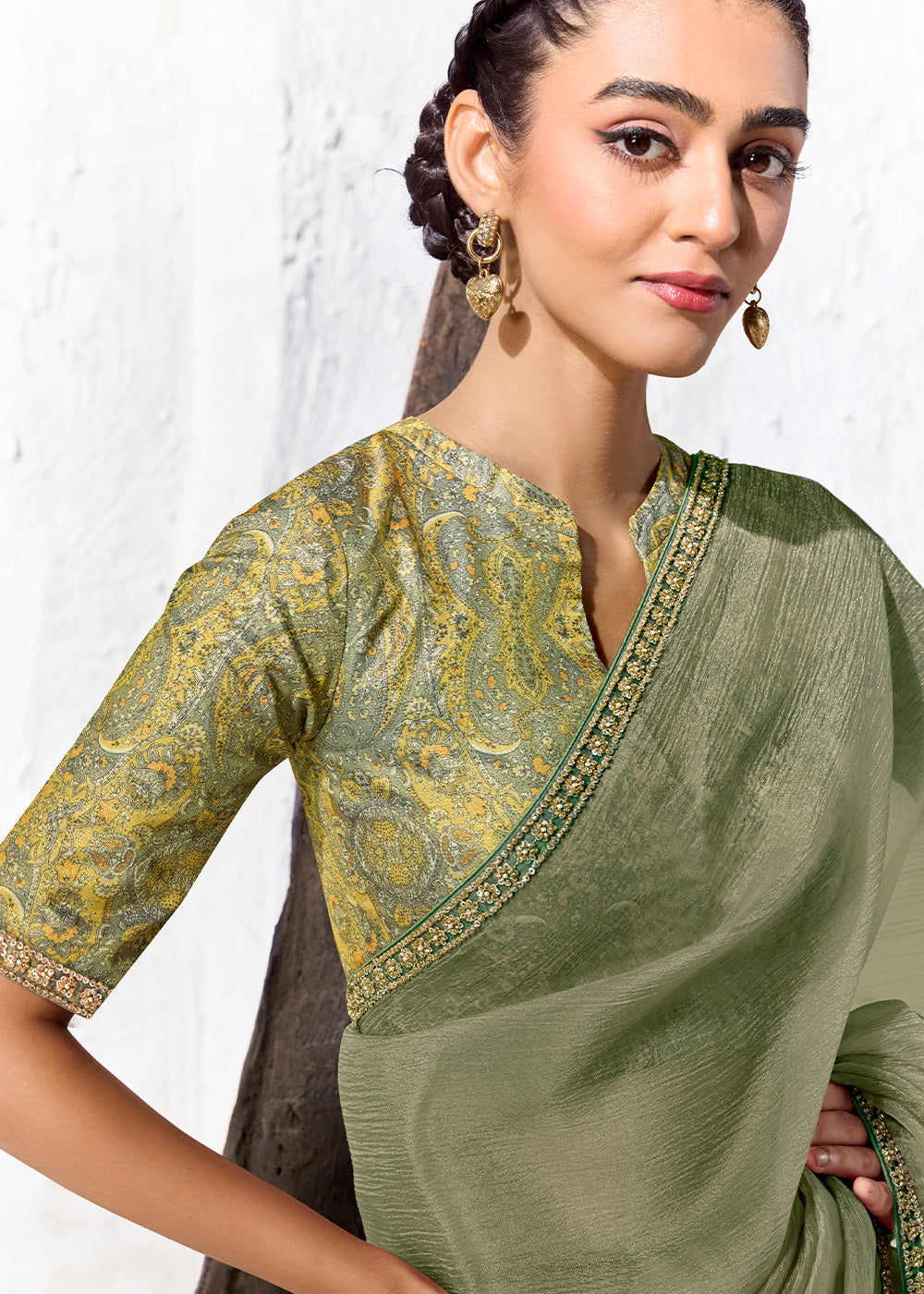 Basil Green Designer Organza Saree with Shimmering Sequin Detailing