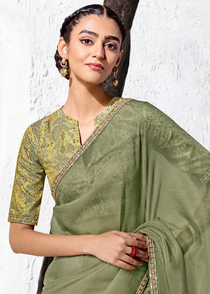 Basil Green Designer Organza Saree with Shimmering Sequin Detailing