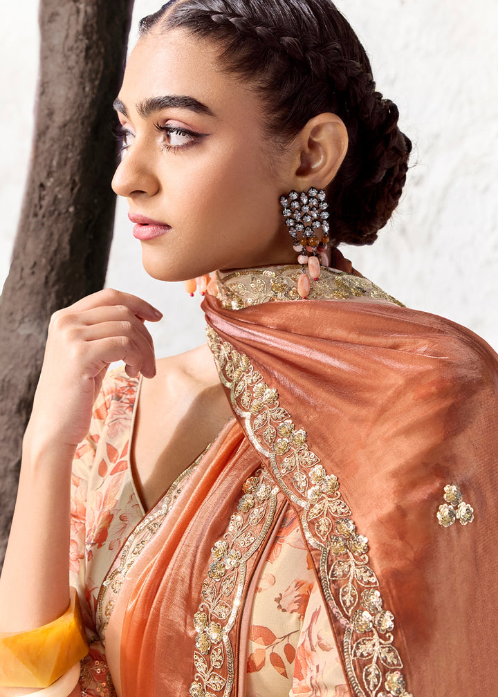Shades Of Orange Designer Organza Saree with Shimmering Sequin Detailing