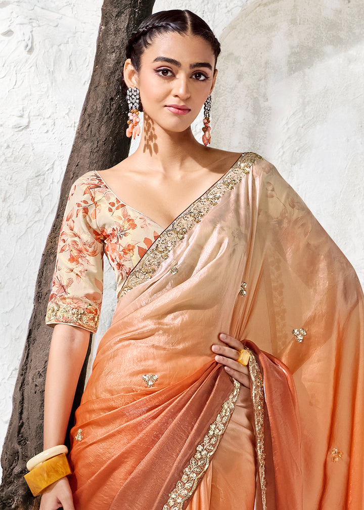 Shades Of Orange Designer Organza Saree with Shimmering Sequin Detailing
