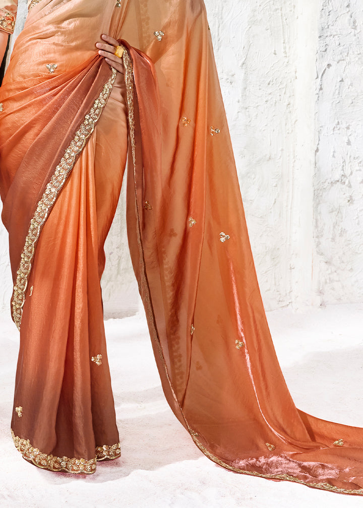 Shades Of Orange Designer Organza Saree with Shimmering Sequin Detailing