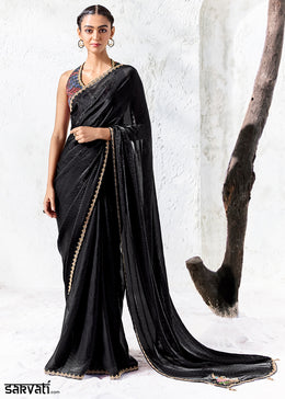 Midnight Black Designer Organza Saree with Shimmering Sequin Detailing