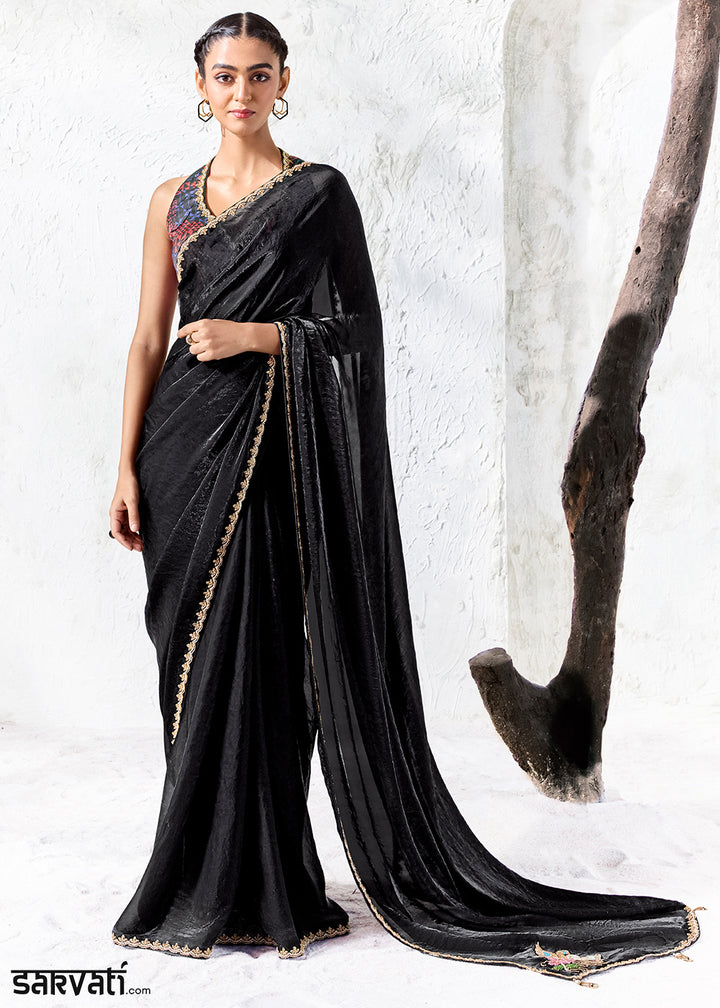 Midnight Black Designer Organza Saree with Shimmering Sequin Detailing