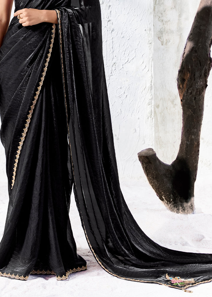 Midnight Black Designer Organza Saree with Shimmering Sequin Detailing
