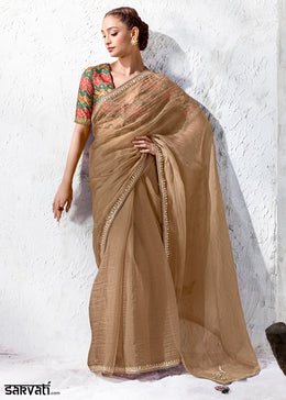 Light Brown Designer Organza Saree with Shimmering Sequin Detailing