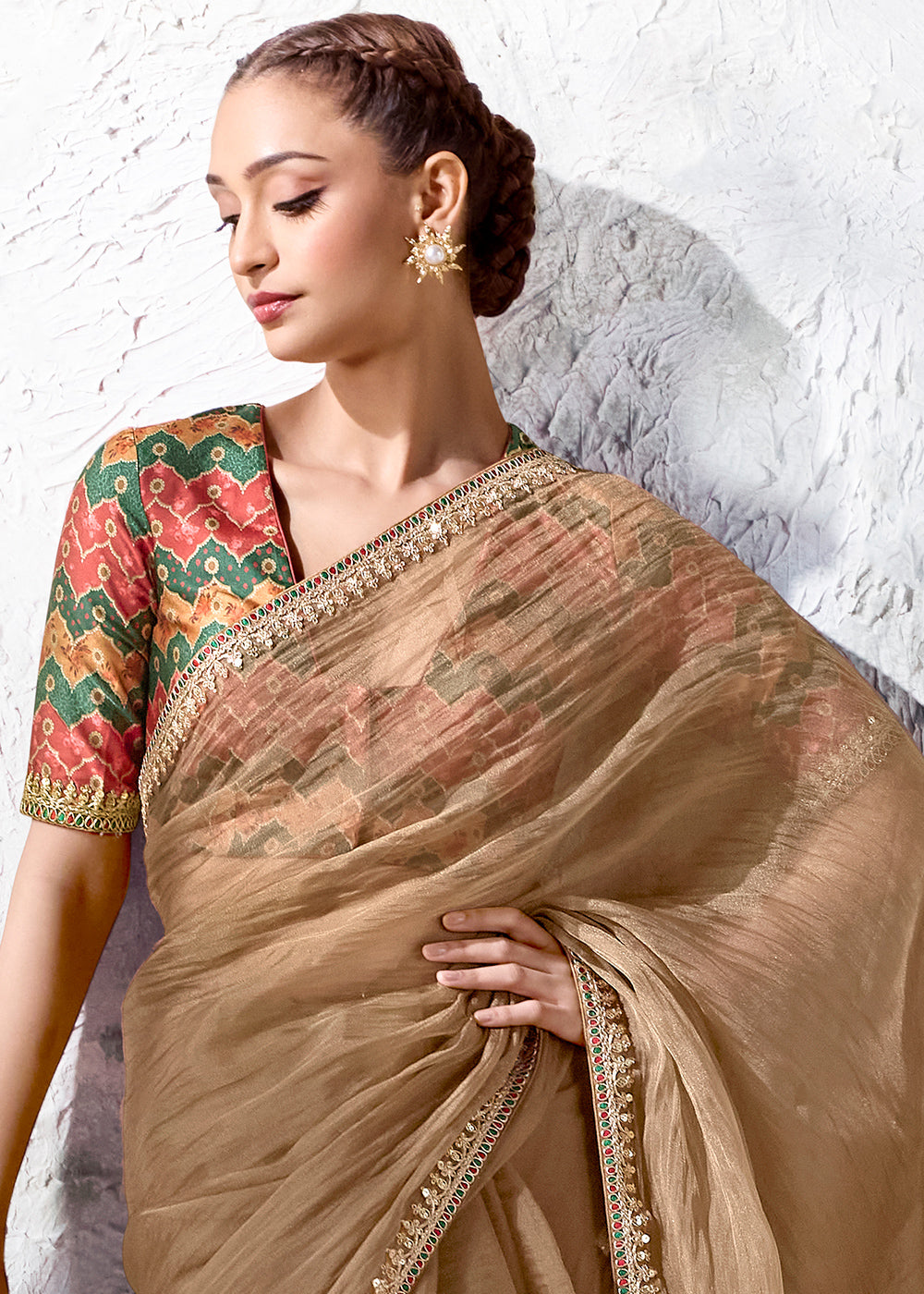 Light Brown Designer Organza Saree with Shimmering Sequin Detailing