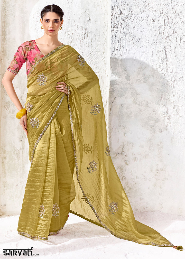 Chartreuse Green Designer Organza Saree with Shimmering Sequin Detailing