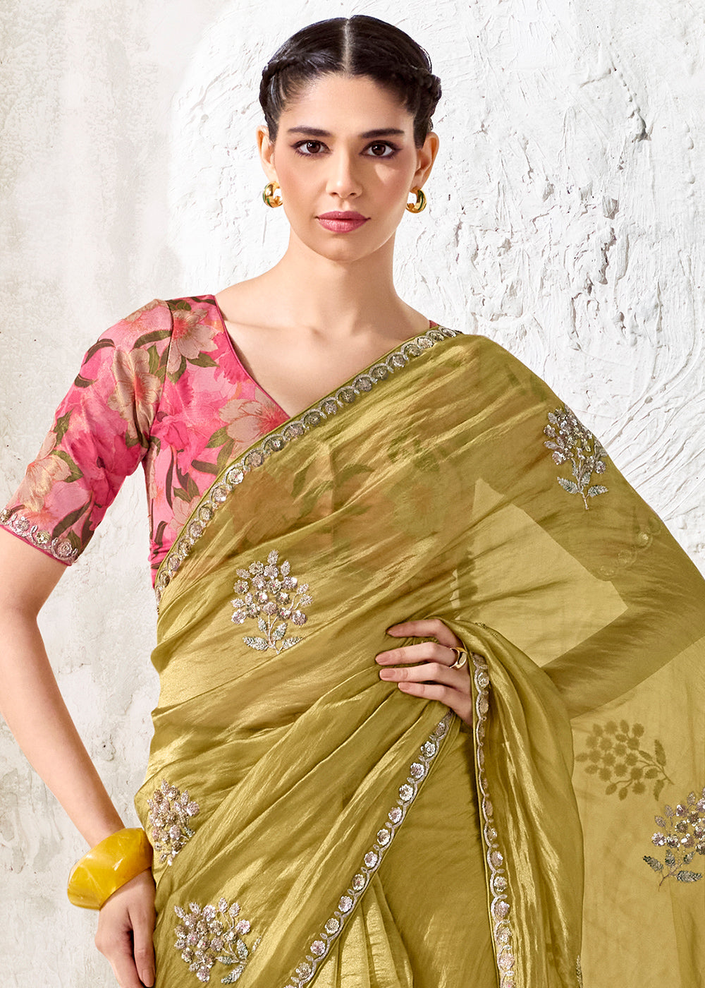 Chartreuse Green Designer Organza Saree with Shimmering Sequin Detailing