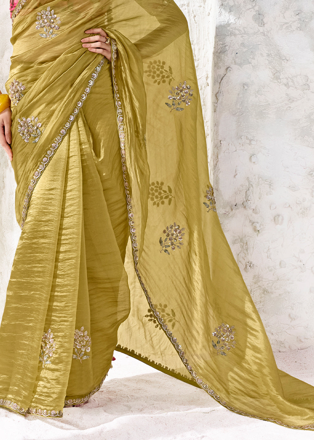 Chartreuse Green Designer Organza Saree with Shimmering Sequin Detailing