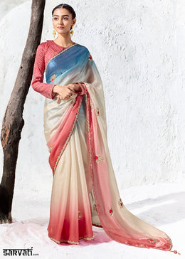White & Red Designer Organza Saree with Shimmering Sequin Detailing