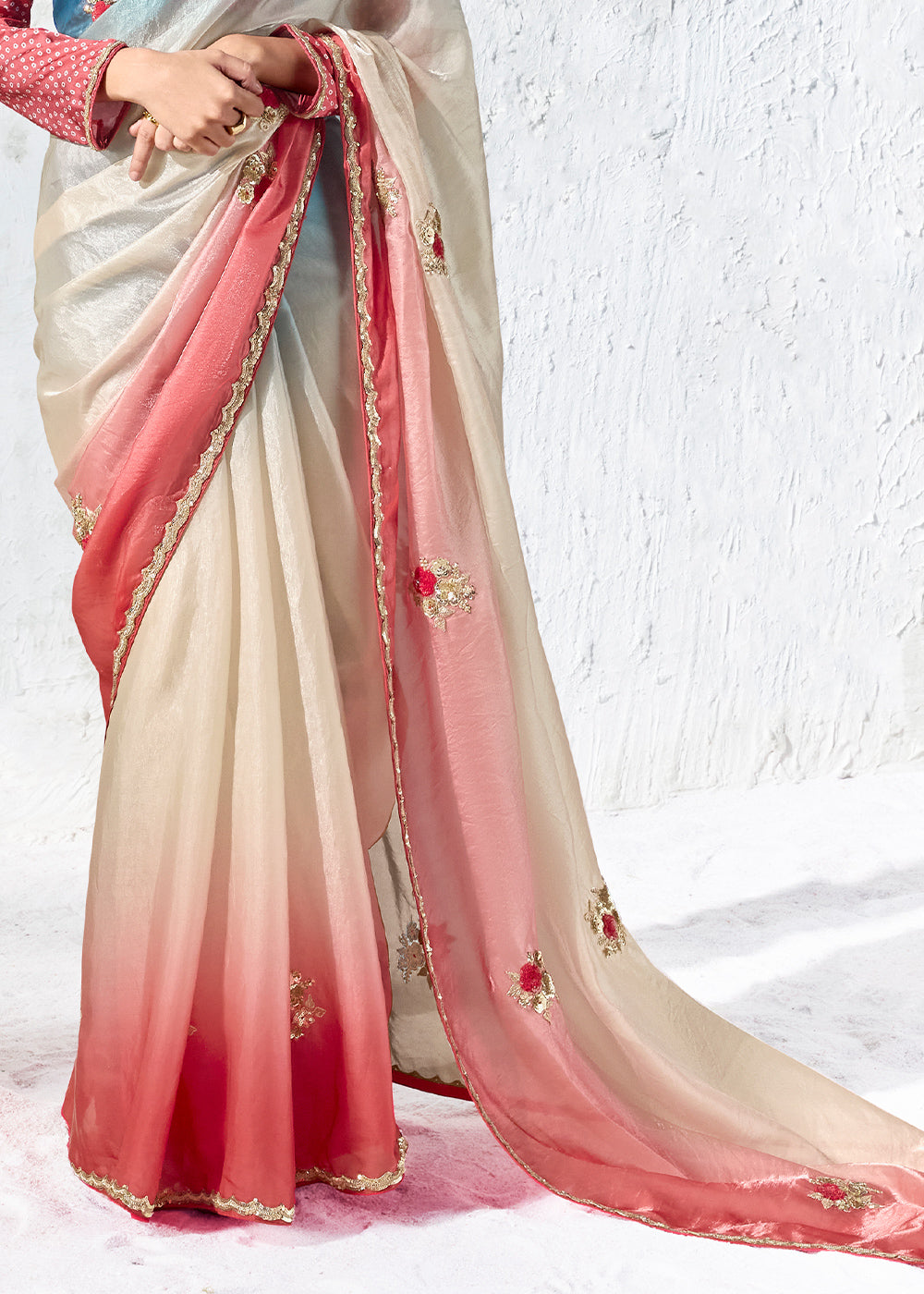 White &amp; Red Designer Organza Saree with Shimmering Sequin Detailing