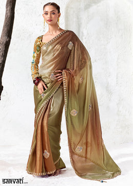 Brown & Green Designer Organza Saree with Shimmering Sequin Detailing
