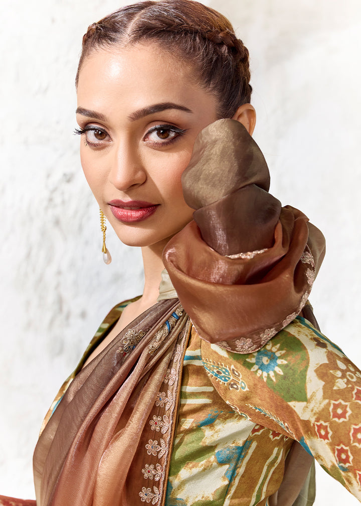 Brown &amp; Green Designer Organza Saree with Shimmering Sequin Detailing