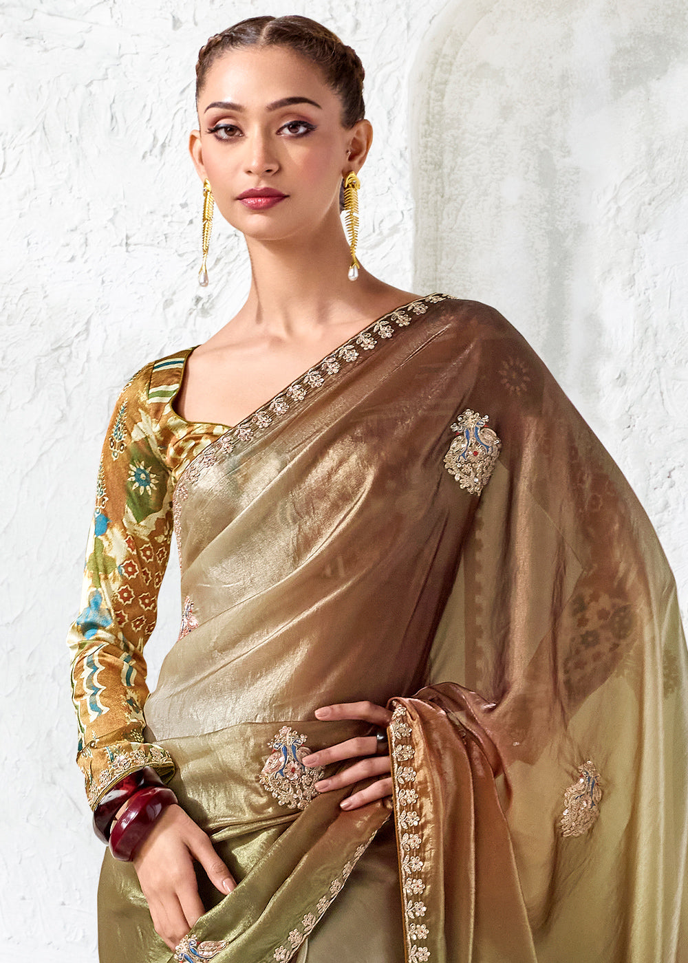 Brown &amp; Green Designer Organza Saree with Shimmering Sequin Detailing
