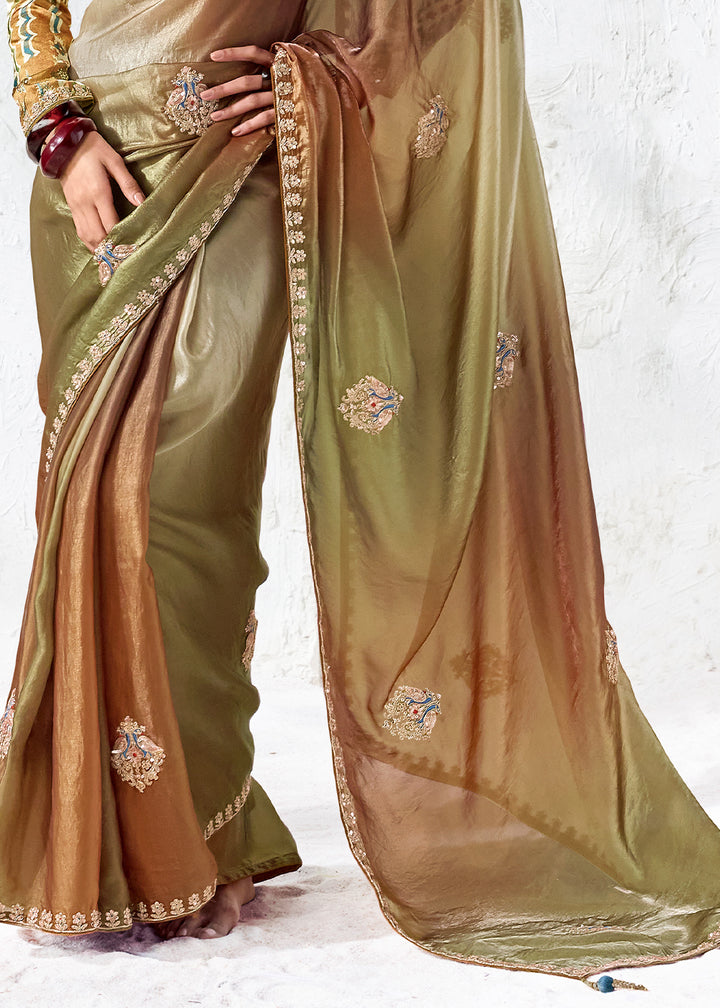 Brown &amp; Green Designer Organza Saree with Shimmering Sequin Detailing