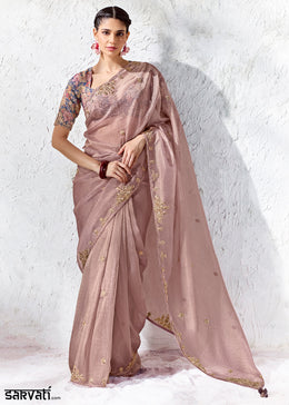 Lavender Pink Purple Designer Organza Saree with Shimmering Sequin Detailing