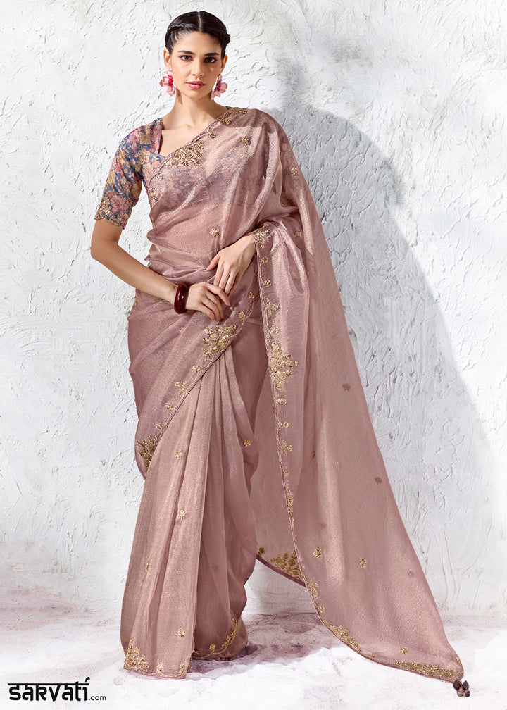Lavender Pink Purple Designer Organza Saree with Shimmering Sequin Detailing
