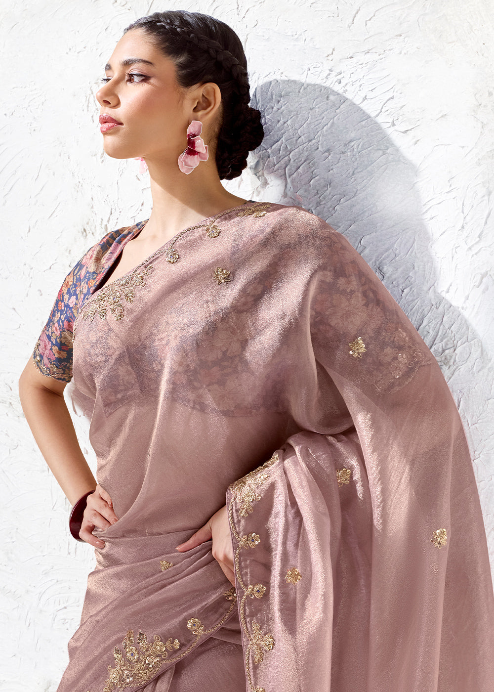 Lavender Pink Purple Designer Organza Saree with Shimmering Sequin Detailing