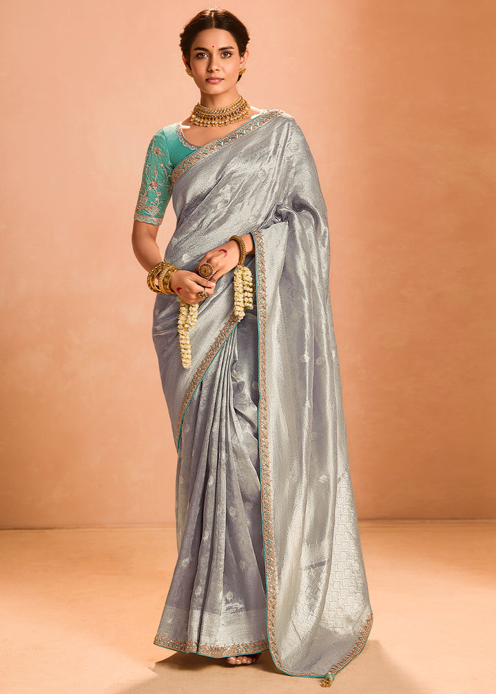 Rhino Grey Designer Tissue Silk Saree with Zari & Embroidered Blouse