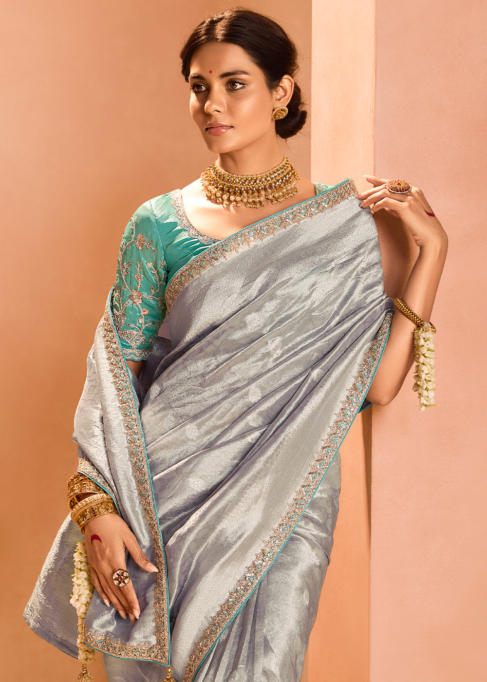 Rhino Grey Designer Tissue Silk Saree with Zari & Embroidered Blouse