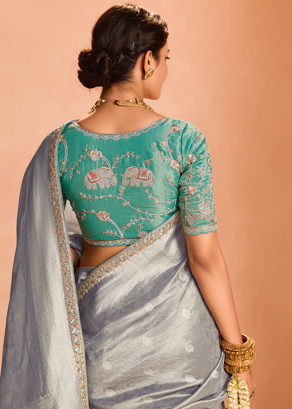Rhino Grey Designer Tissue Silk Saree with Zari & Embroidered Blouse