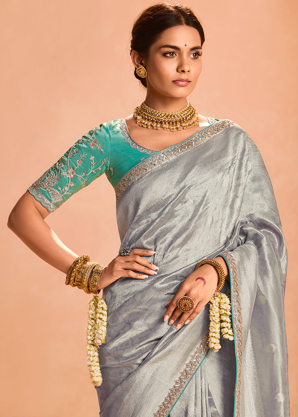 Rhino Grey Designer Tissue Silk Saree with Zari & Embroidered Blouse