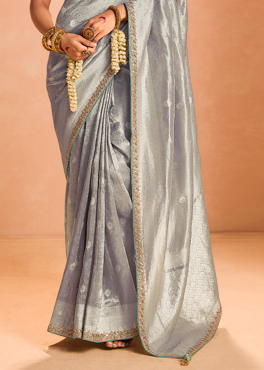 Rhino Grey Designer Tissue Silk Saree with Zari & Embroidered Blouse
