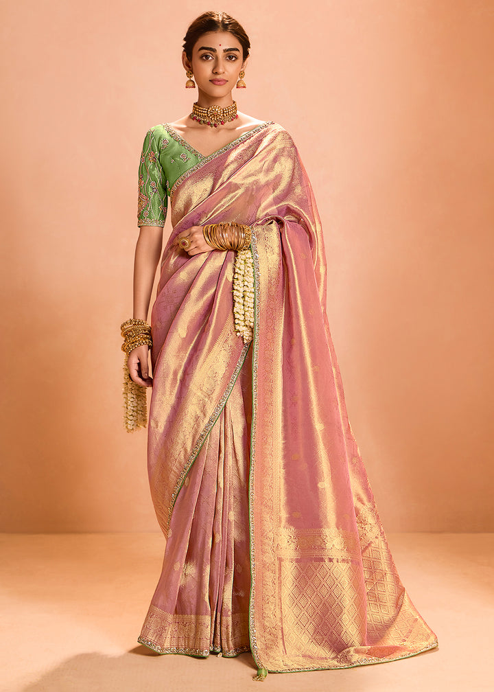 Light Pink Designer Tissue Silk Saree with Zari & Embroidered Blouse