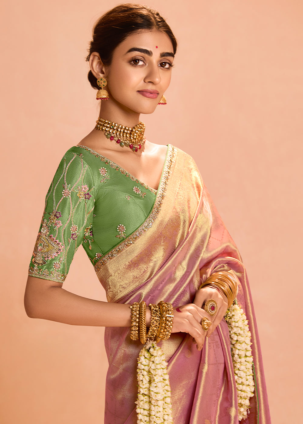 Light Pink Designer Tissue Silk Saree with Zari & Embroidered Blouse
