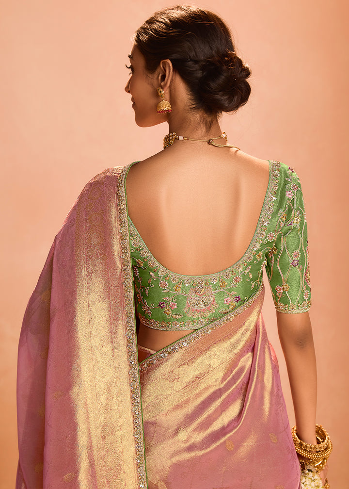 Light Pink Designer Tissue Silk Saree with Zari & Embroidered Blouse