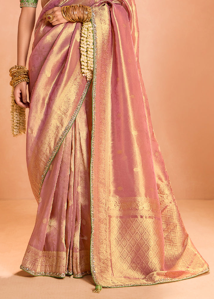 Light Pink Designer Tissue Silk Saree with Zari & Embroidered Blouse
