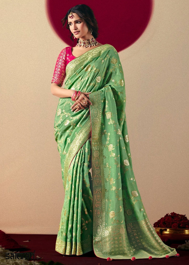Fern Green Viscose Dola Silk Saree with Intricate Zari Weaving
