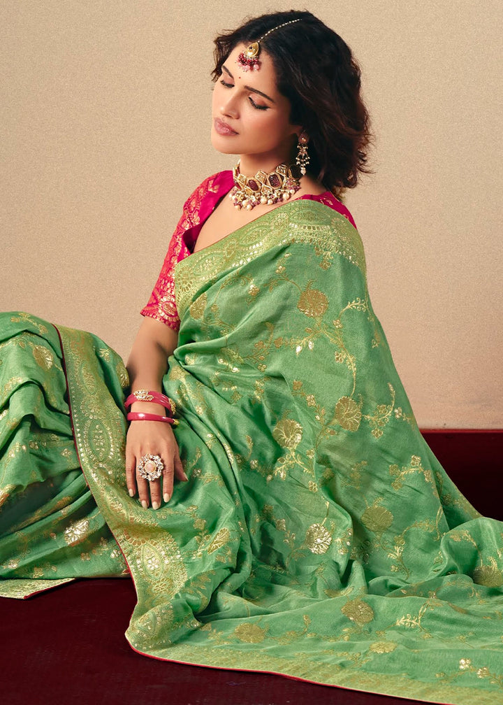 Fern Green Viscose Dola Silk Saree with Intricate Zari Weaving