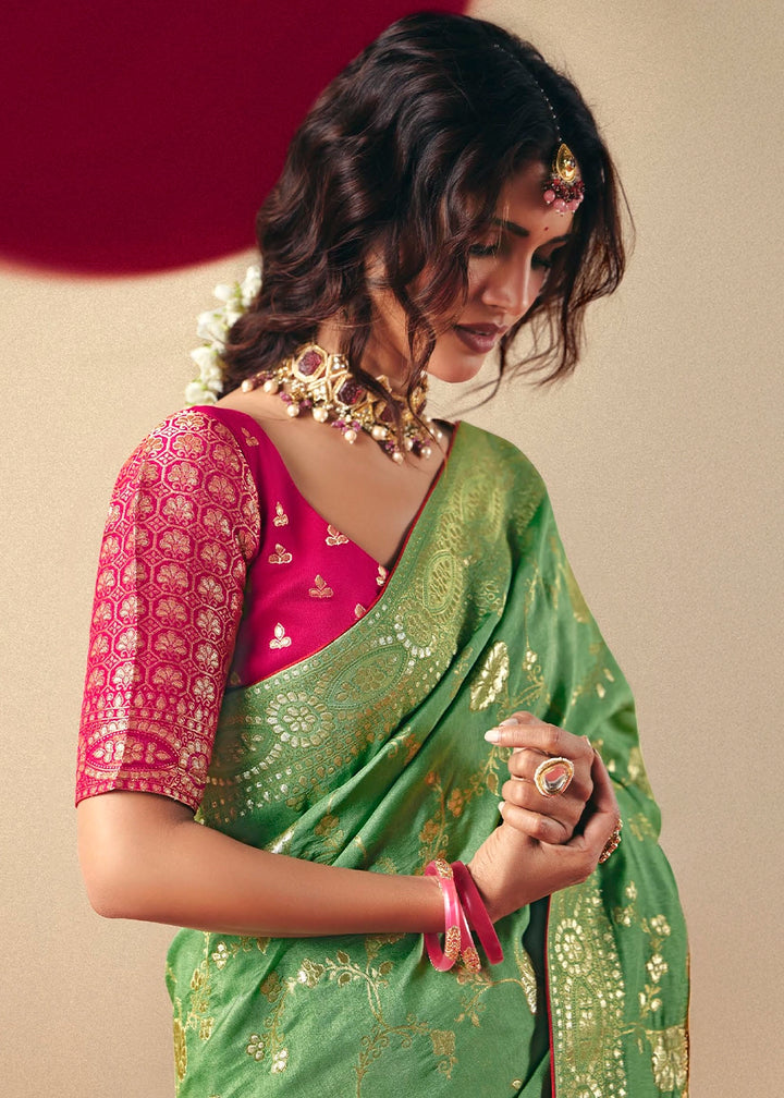 Fern Green Viscose Dola Silk Saree with Intricate Zari Weaving