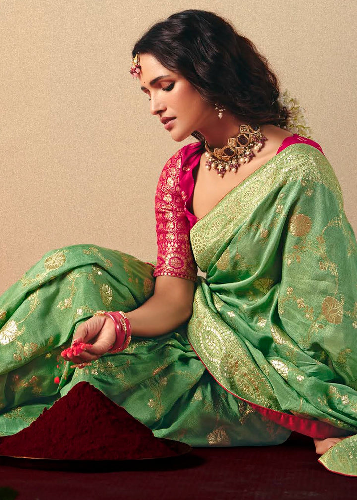 Fern Green Viscose Dola Silk Saree with Intricate Zari Weaving