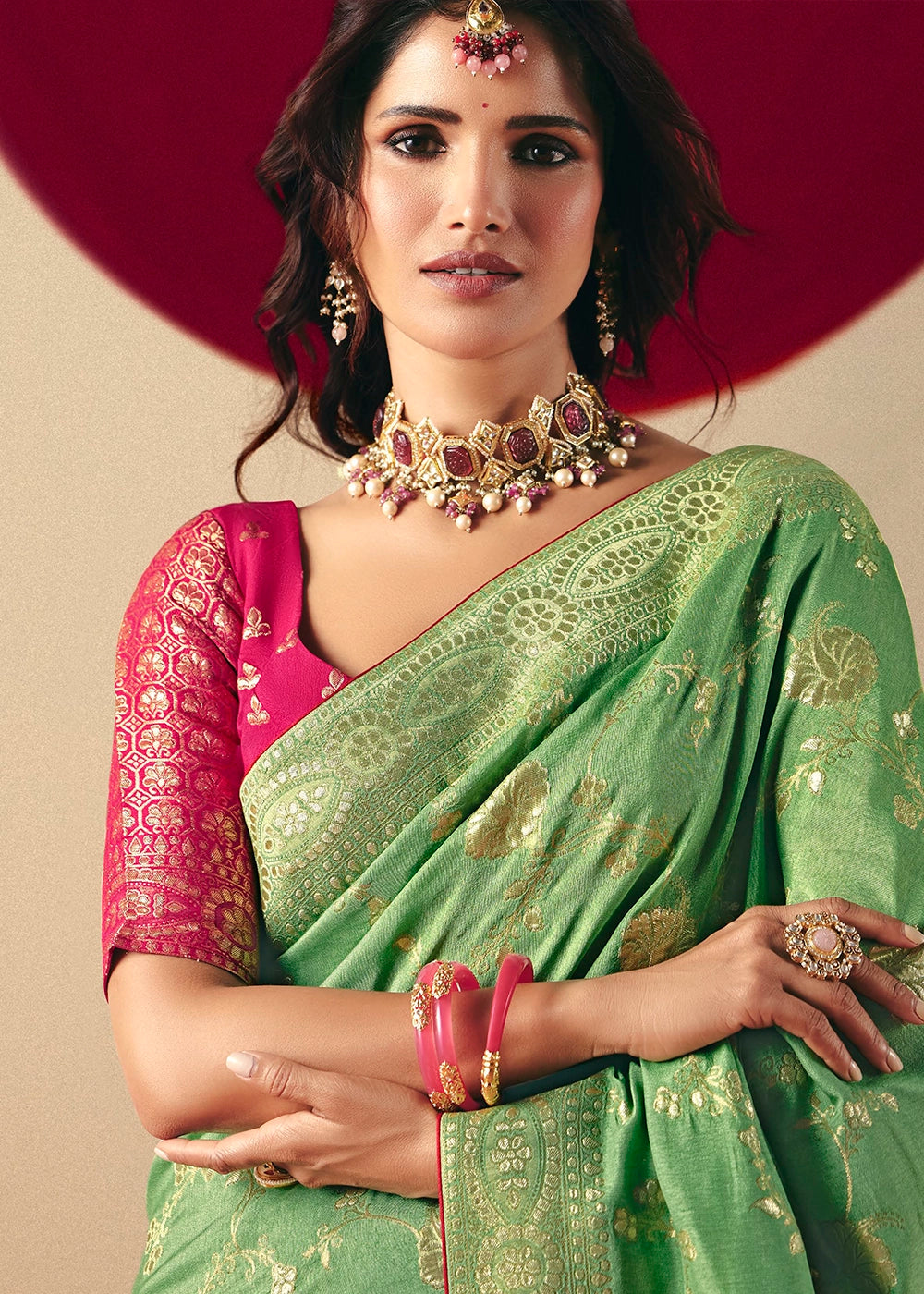 Fern Green Viscose Dola Silk Saree with Intricate Zari Weaving