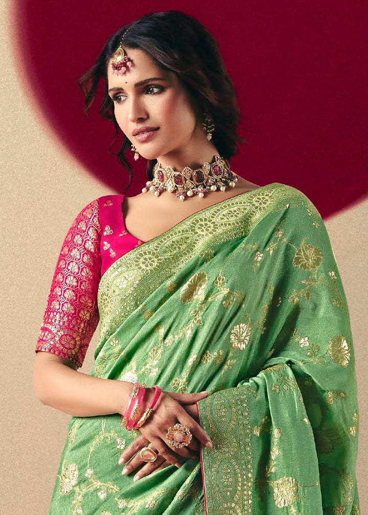 Fern Green Viscose Dola Silk Saree with Intricate Zari Weaving